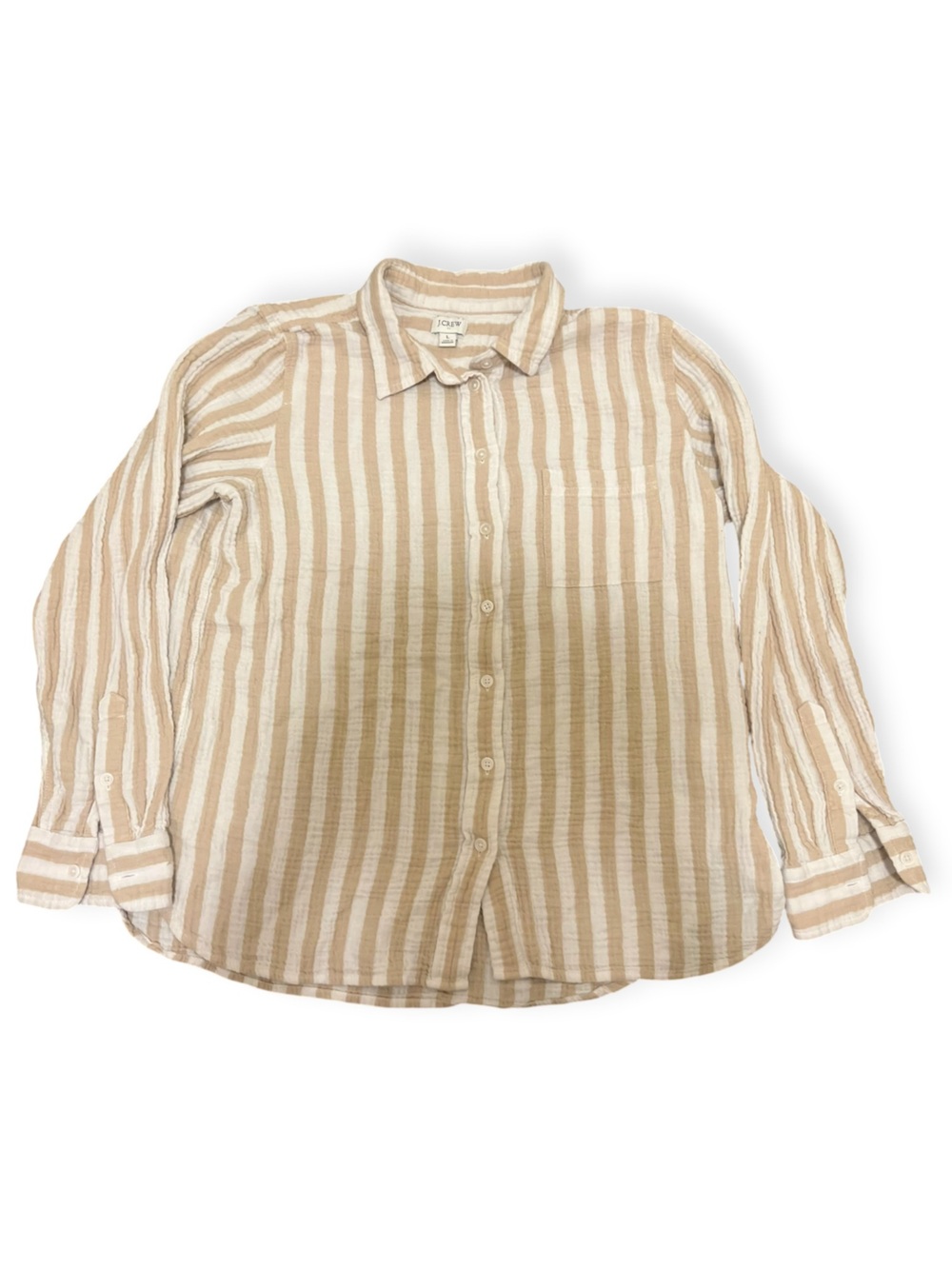 J.CREW Striped Crinkle Cotton Button-Down Shirt Beige Cream L